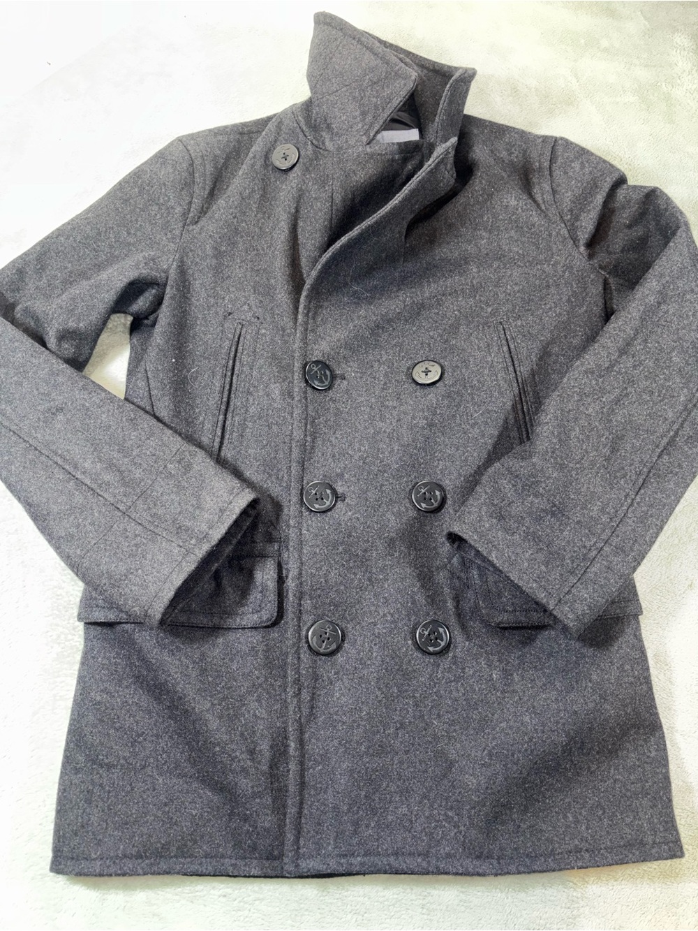 AEO American Eagle Charcoal Gray Double Breasted Recycled Wool Blend Peacoat